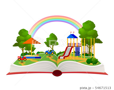 Open book playground. Fantasy garden, learning amusement park green forest library, child books 54671513