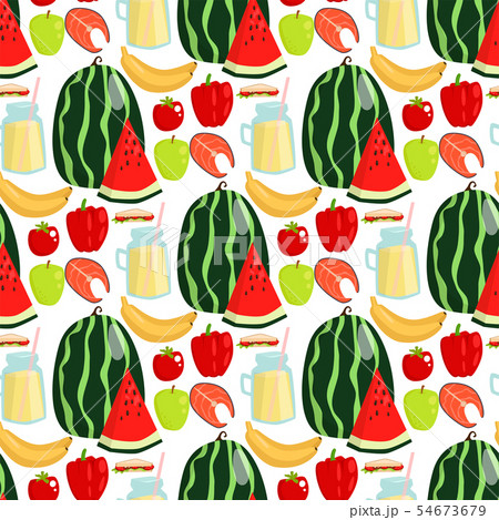 Cartoon fresh watermelon fruits picnic food summer nature flat style seamless pattern design Cartoon fresh watermelon fruits picnic food summer nature flat style seamless pattern design 54673679