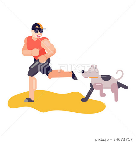 Man boy play with best friend pet character dog or puppy illustration. Family playing with doggie Man boy play with best friend pet character dog or puppy illustration. Family playing with doggie 54673717