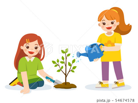 Children planted young trees and watering flowers. 54674578