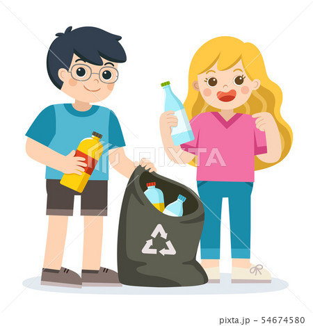 Children gathering plastic bottles for recycling. 54674580