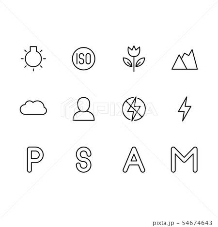 Photo and video camera setting icon simple symbols set. Photo shooting modes settings, ISO, flash Photo and video camera setting icon simple symbols set. Photo shooting modes settings, ISO, flash 54674643