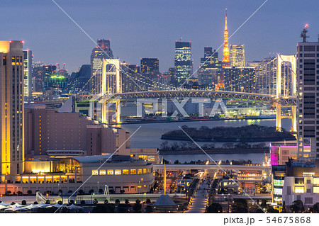 Tokyo tower with rainbow bridge sunset 54675868