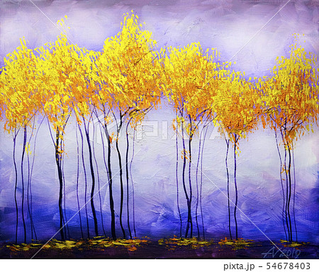 Oil painting landscape, abstract colorful gold trees 54678403