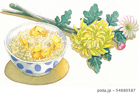 日本の年中行事イラスト 9月 栗ご飯と菊の花のイラスト素材