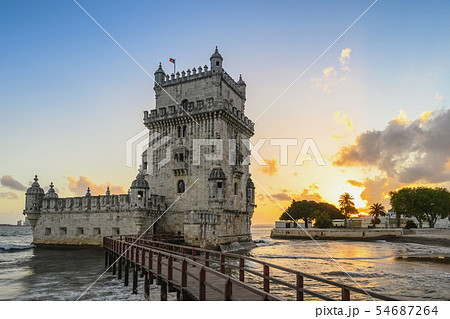 Lisbon Portugal sunset city skyline at Belem Tower 54687264