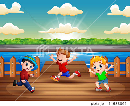 Illustration of three boys running at the port Illustration of three boys running at the port 54688065