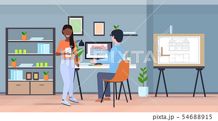 engineers drafting house project blueprint on computer monitor with mix race architects housing 54688915