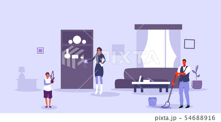 family doing housework mother wiping dust father washing floor son watering plants household concept 54688916