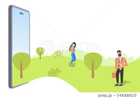 couple using smartphones walking outdoor man woman having fun in summer park from smartphone screen 54688920
