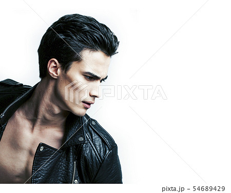 young handsome man, leather jacked on naked torso, emotional posing, white background, modern guy 54689429