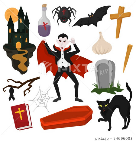 Vampire vector cartoon dracula character in scary halloween costume and vampirism signs illustration 54696003