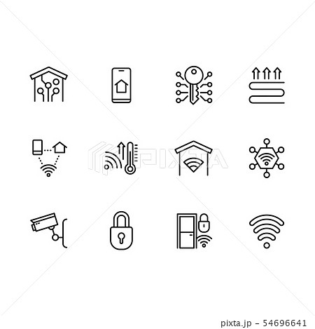 Smart home system icon simple symbols set. Contains icon smartphone, mobile app, heating Smart home system icon simple symbols set. Contains icon smartphone, mobile app, heating 54696641