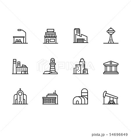 Modern city building icon symbols set. Contains icon cafe, industrial factory, museum, bank, church Modern city building icon symbols set. Contains icon cafe, industrial factory, museum, bank, church 54696649