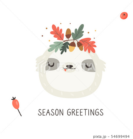 Cute sloth in autumn wreath on white background 54699494