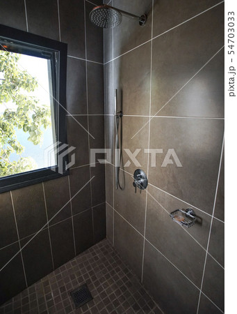 Modern bathroom in hotel room, steel shower, next to window with green leaves on tree behind Modern bathroom in hotel room, steel shower, next to window with green leaves on tree behind 54703033