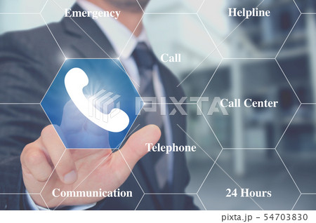 電話受話器のマークを触るビジネスマン Businessman touching telephone  54703830