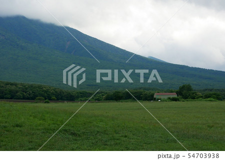 風景自然絵画的牧草地と岩手山 初秋の草原 小さな赤い屋根の小屋と雄大な岩手山と広がる牧草地 風景自然絵画的牧草地と岩手山 初秋の草原 小さな赤い屋根の小屋と雄大な岩手山と広がる牧草地 54703938