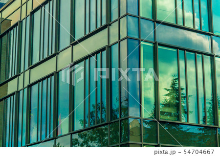 Sky and trees reflected in windows of modern 54704667