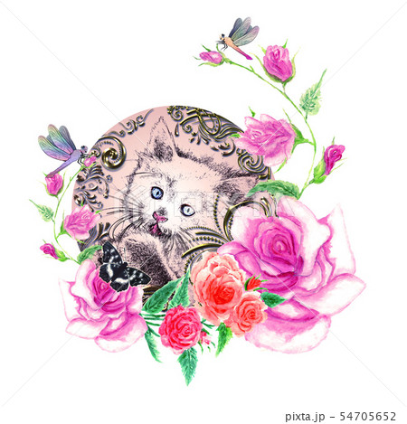 Kitten with watercolor roses 54705652