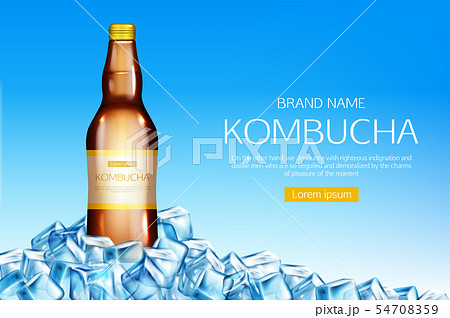 Kombucha bottle on ice cubes heap mockup banner Kombucha bottle on ice cubes heap mockup banner 54708359