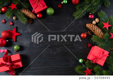 Christmas flat lay scene with golden decorations 54709445