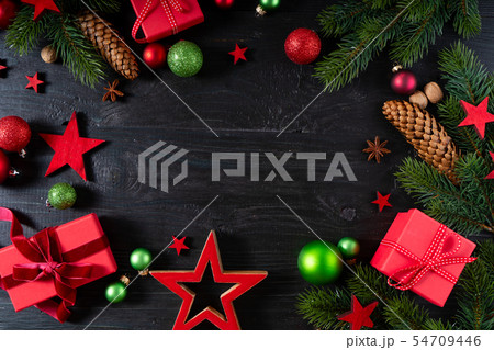 Christmas flat lay scene with golden decorations 54709446