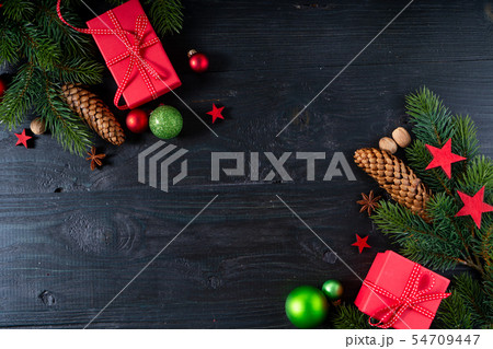 Christmas flat lay scene with golden decorations 54709447
