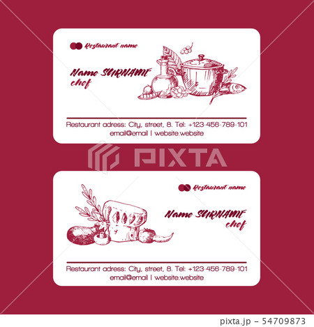 Chef cook hat business card template. Cooking symbol of hot dish in pot, vegetables, olive oil and Chef cook hat business card template. Cooking symbol of hot dish in pot, vegetables, olive oil and 54709873