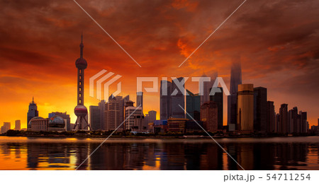 Shanghai skyline and sunset 54711254