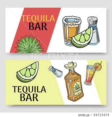Tequila bar set of banners vector illustration. Glass with sugar and bottle of tequila, salt and Tequila bar set of banners vector illustration. Glass with sugar and bottle of tequila, salt and 54715474