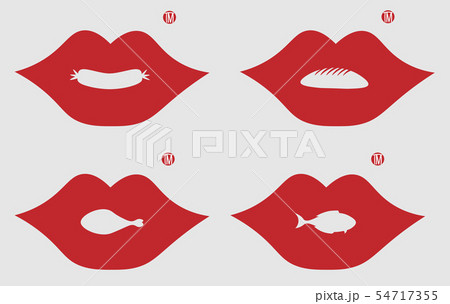 lips with chicken legs, fish, bread and sausage in a negative space for a logo of food 54717355