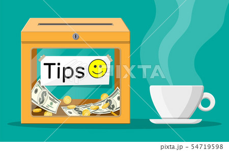 Orange tip box full of cash and cup of coffee. 54719598