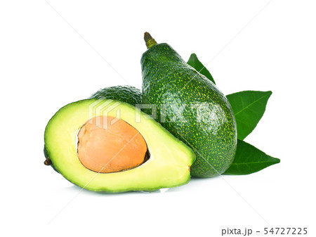 whole and half avocado with green leaf isolated  54727225