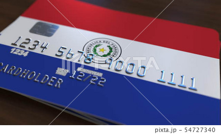 Plastic bank card featuring flag of Paraguay. Paraguayan national banking system related 3D 54727340