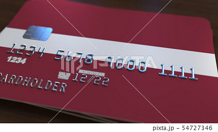 Plastic bank card featuring flag of Latvia. Latvian national banking system related 3D rendering 54727346