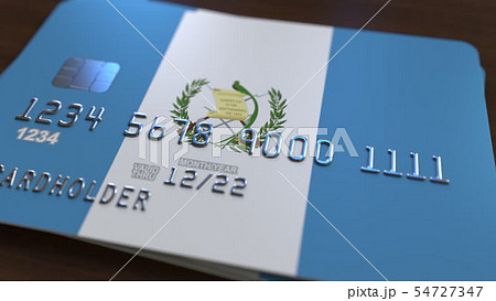 Bank card featuring flag of Guatemala. Guatemalan national banking system related 3D rendering Bank card featuring flag of Guatemala. Guatemalan national banking system related 3D rendering 54727347