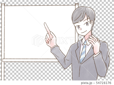 セミナー 男性 黒髪  にんまり 指さし 会話 ホワイトボード文字なし 54728176