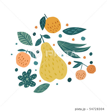 Apple, pear, cherry berries and leaves on a white 54728304