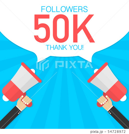 Male hand holding megaphone with 50000 followers, 54728972