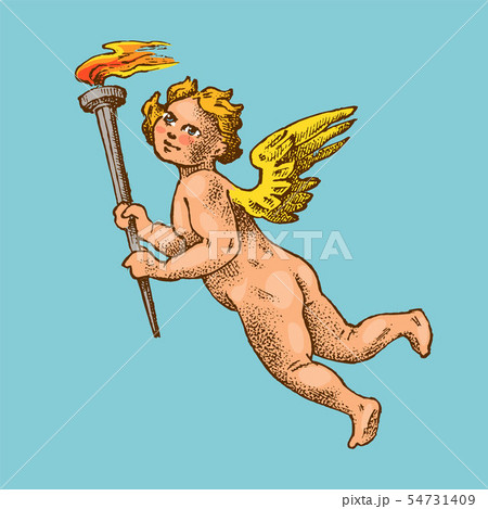 Cute angel with arrows and bow. Small aesthetic Cupids with wings fly in the sky. Children in Cute angel with arrows and bow. Small aesthetic Cupids with wings fly in the sky. Children in 54731409