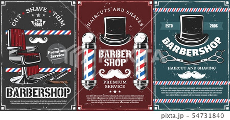 Barbershop poles, hairdresser chair and mustache 54731840