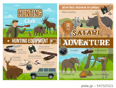 Safari Hunting Animals Hunter Gun And Equipmentのイラスト素材