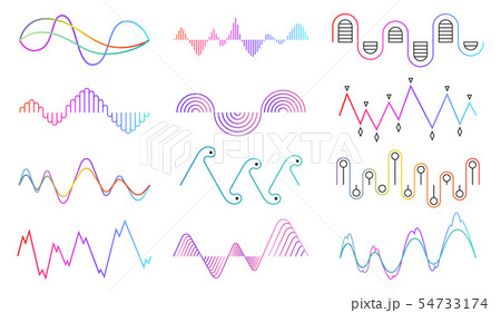 Vector music sound waves set. Audio digital equalizer technology, console panel, pulse musical. Vector music sound waves set. Audio digital equalizer technology, console panel, pulse musical. 54733174