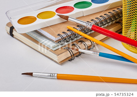 Set of stationery items on white background. Set of stationery items on white background. 54735324