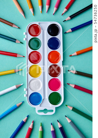 Watercolor painting supplies, top view. Watercolor painting supplies, top view. 54736250