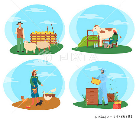 Farming People, Woman Feeding Chicken Hens Set 54736391