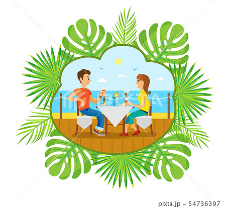 People Couple Dining in Restaurant by Seaside 54736397