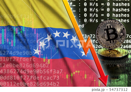 Venezuela flag and falling red arrow on bitcoin 54737312