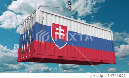 Cargo container with flag of Slovakia. Slovak import or export related conceptual 3D rendering 54741091
